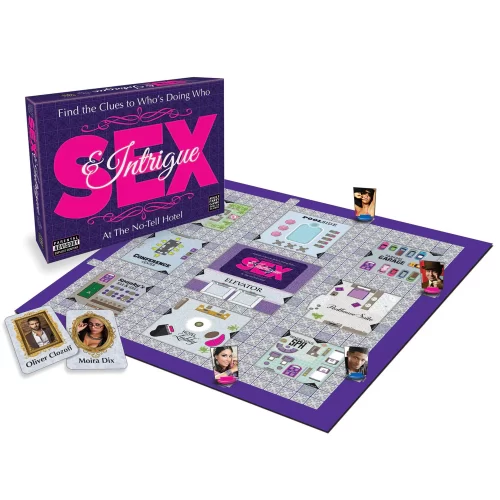 Discover the sexy secrets of the No-Tell Hotel with the Sex & Intrigue Party Board Game! Get your party game night sorted with Sex & Intrigue, a game for 2–8 players. Move throughout the hotel to discover which guests are having a steamy affair! Use your powers of deduction to try and determine which 2 guests are having sex, in what room, in what sex position and with what sex toys! Your answers are on 5 secret cards separated out from the deck, while the players hold the rest in their hot little hands. Ask around and try to rule out potential suspects until you have your answers, but a good sleuth will throw the other players off their tracks by asking questions they may already know the answer to. Use the notepad to keep track of all the sex scenarios as they are disproved and then, with some good detective work, you can be the one to discover the secrets of the copulating culprits and win this game! Key features of the Sex & Intrigue Party Board Game: A fun party game inspired by a classic but with a sexy twist Deduce the 2 guests, location, sex toy & sex position by asking questions of other players A dynamic gameplay that requires strategic thinking & deduction Random card selection means that every game is different Suitable for 2–8 players What comes with the Sex & Intrigue Party Board Game: 1x die 1x gameboard 8x game tokens 9x Position cards 9x Room cards 11x Sex Toy cards 12x Guest cards 1x card sleeve 1x notepad Rules sheet