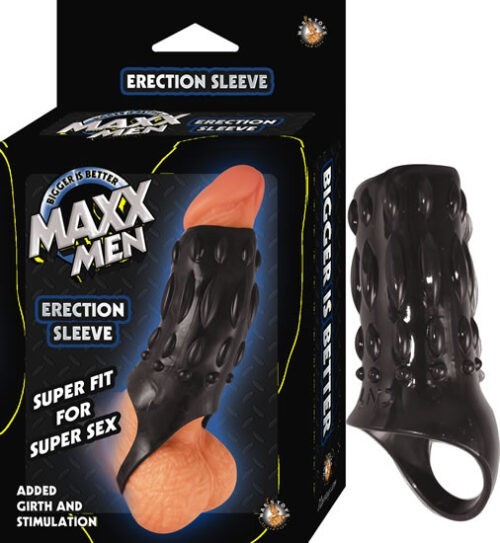 Maxx Men Erection Sleeve Black super fit for super sex. Bigger is better. Added girth and stimulation. Waterproof, non-vibrating sleeve. Phthalates free material Thermoplastic Elastomers TPE. Total length 4.5 inches, diameter 1.5 inches, circumference 4.7 inches.