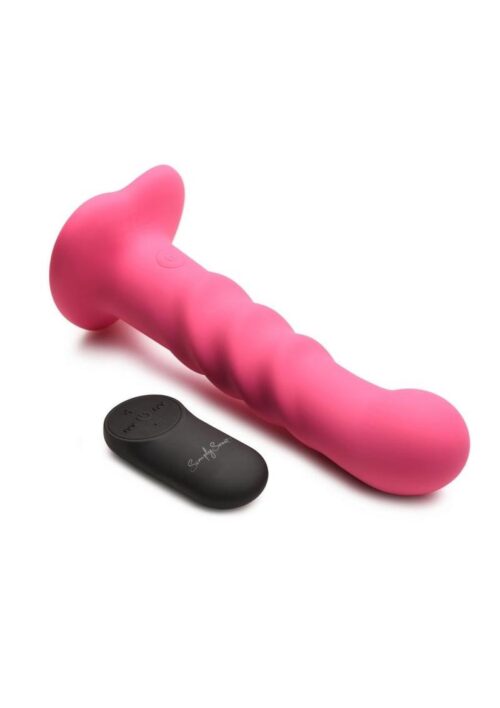 Simply Sweet 21X Vibrating Ribbed Rechargeable Silicone Dildo with Remote - Pink