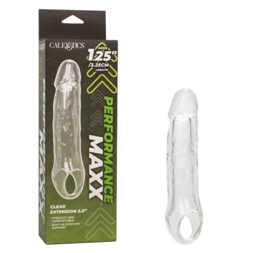 Introducing the Performance Maxx Clear Extension 5.5 inches, an innovative accessory designed to enhance your intimate experiences by providing added length and girth of penises. Featuring a solid ultra soft 1.25 Performance Maxx Clear Extension 5.5 inches from California Exotic Novelties. Firm head adds length. Added length 1.25 inches Specifications: SKU SE-1632-10-3. Color Clear. 1 year warranty. Features: Wearable, Phthalate free