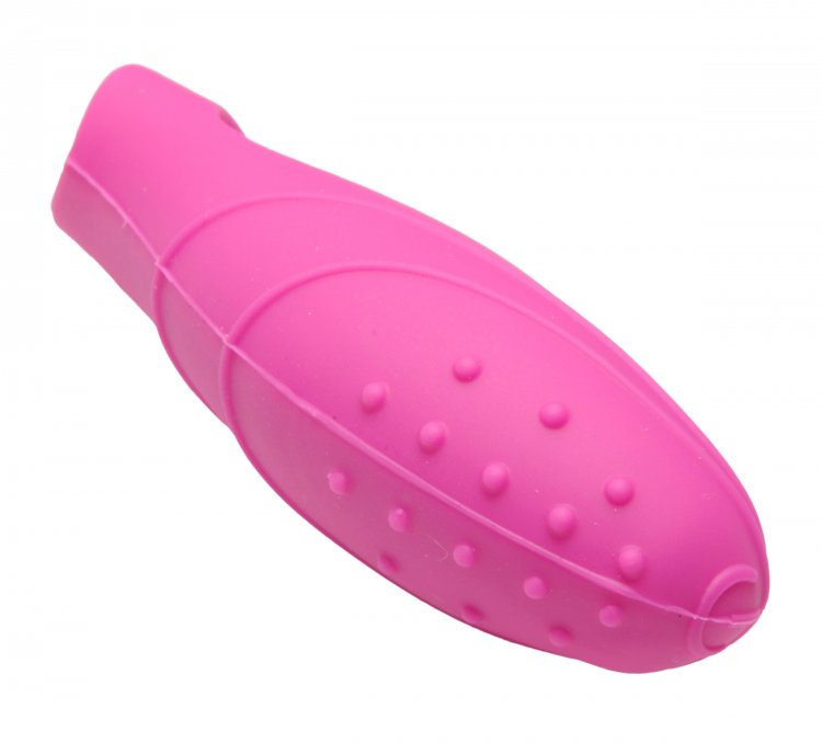 Bang Her Silicone G-Spot Finger Vibe Pink from XR Brands. Slip her the finger with this sexy vibrating stimulator from Frisky! Ergonomically shaped for ultimate stimulation. Whether tantalizing her clit or aiming for her G-Spot, this demure vibe will do the trick. Just insert the mini bullet into the inner pocket and slip your finger through the stretchy loops. The power button is on the outside which lets you turn the vibration on and off with just the push of a button. Made of premium silicone and textured for extreme pleasure. Cleans easily with soap and water. Measurements: 3 inches in total length, 1.15 inches in diameter. Materials: Silicone, ABS Plastic. Color Pink. Note: Finger Vibrator requires 2 LR41 batteries, included. Categories: Vibrators, Finger Vibrators, Sex Toys for Women, G-Spot, Flexible Vibrators. 2023. FRISKY BANG HER SILICONE G SPOT FINGER VIBE SKU XRAD875 UPC 848518014511 Type All Novelties Height 1.25in Length 3.05in Width 5.2in Weight 0.085lbs Diameter 5.2in