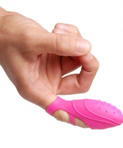 Bang Her Silicone G-Spot Finger Vibe Pink from XR Brands. Slip her the finger with this sexy vibrating stimulator from Frisky! Ergonomically shaped for ultimate stimulation. Whether tantalizing her clit or aiming for her G-Spot, this demure vibe will do the trick. Just insert the mini bullet into the inner pocket and slip your finger through the stretchy loops. The power button is on the outside which lets you turn the vibration on and off with just the push of a button. Made of premium silicone and textured for extreme pleasure. Cleans easily with soap and water. Measurements: 3 inches in total length, 1.15 inches in diameter. Materials: Silicone, ABS Plastic. Color Pink. Note: Finger Vibrator requires 2 LR41 batteries, included. Categories: Vibrators, Finger Vibrators, Sex Toys for Women, G-Spot, Flexible Vibrators. 2023. FRISKY BANG HER SILICONE G SPOT FINGER VIBE SKU XRAD875 UPC 848518014511 Type All Novelties Height 1.25in Length 3.05in Width 5.2in Weight 0.085lbs Diameter 5.2in