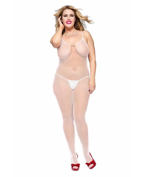 white fishnet crotchless bodystocking plus size