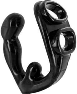 The Rouge is a uniquely designed piece that fits tightly over the cock and balls with a perineum stimulator as well with a bulbous anal plug. A built-in compartment designed for a vibrating bullet is located in the base so the wearer can be pushed over the edge with vibration. Measurements: Anal Plug has 4.5 inch insertable length, 1.48 max insertable width. Cock Ring has 1.42 inch internal width. Ball Ring has 1.3 inch internal width. Accommodated bullet vibes up to 0.5 inches in diameter. Material: TPR Color: Black Note: Vibrating bullet not included.