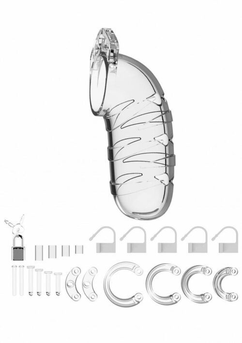 TAKE YOUR BDSM-PLAY TO THE NEXT LEVEL! CONTROL OR BE CONTROLLED, THAT'S THE QUESTION! The Man|Cage Chastity Cages are manufactured from high-grade polycarbonate, a very light, durable and hypoallergenic material. The cage consists of three parts which fit perfectly together. The two guidance pins connect the top parts and the oval taper pin connects the rings with the cage. A variety of rings in different sizes and distance pieces will allow you to create the perfect size! The rings have a comfortable fit and are absolutely safe. A metal lock or tie-wrap lock can easily close the cage. The included tie-wrap locks ensure that they will not trigger the alarm of metal detectors at parties, festivals or even airports! As hygiene is very important while wearing a cage, the superior Man|Cage series are equipped with a variety of vents and a urination opening. The cage makes it impossible to get an erection but it will be, after liberation, super intense, just like the freeing orgasm to follow! The Man|Cage Chastity Cage gives the key-holder optimal power over sexual gratification! Dimensions: Length: 5.5 in. Inner diameter cage: 1.7 in. Adjustable rings - Outside diameter: 1.7 in., 1.9 in., 2.1 in., 2.3 in.