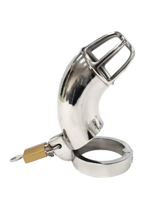 Stainless Steel Chastity Cock Cage complete with padlock.The open cage makes it easier for fluid to pass comfortably. Cock ring is 1.57 in. and cage is 6 in.Rouge Stainless Steel Chastity Cock Cage with Padlock