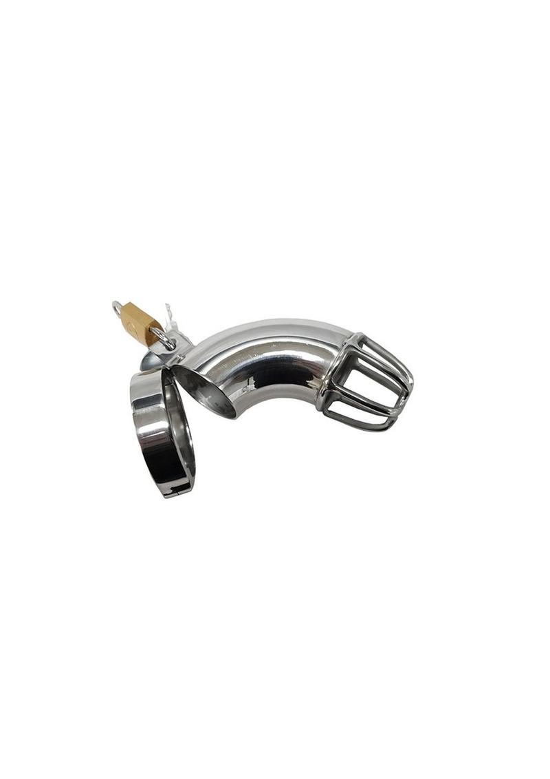 Stainless Steel Chastity Cock Cage complete with padlock.The open cage makes it easier for fluid to pass comfortably. Cock ring is 1.57 in. and cage is 6 in.Rouge Stainless Steel Chastity Cock Cage with Padlock