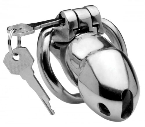 Master Series Rikers 24/7 Steel Locking Male Chastity Cage from XR Brands. Keep your slave confined all day and all night! This chastity device has a uniquely compact design, with an internal locking system that prevents a bulky appearance under clothing. Insert the key into the brass keyhole and turn to straighten out the lock. The lock can then be inserted into or removed from the hinge. With another twist of the key, your slave will be helplessly trapped until you decide to show mercy! Great for sissification, cuckolding and slaves. Made of stainless steel, this cage is non-porous and phthalate free. Measurements base ring is 2 inches in diameter. Shaft is 3.25 inches in length and 1.3 inches in diameter. Materials Stainless steel cage, brass lock set. Color Silver. Note includes internal lock and two keys. Categories: Bondage, Fetish, Kink, Men's Fetish Wear, Men's Cock and Ball Gear.