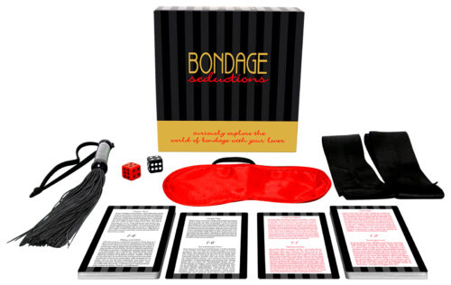 Bondage Seductions Game lets couples add a little kink into the bedroom. Would you like to be blindfolded, whipped, or tied up? Find out! Bondage Seductions allows you to safely explore the curious world of restraints, dominance, pleasurable pain, and submissiveness. Play as a game or simply use one card for each adventure. Game includes: 36 Bondage Seductions Cards, 2 silky ties, 2 dice, 1 blindfold mask, 1 rubber whip, and game rules. Item BG.R44. Bondage Seductions Kheper Games. Kheper Games is based in Seattle, Washington. Categories: Party Games, Gifts, Supplies, X-Rated Adult Games, Books, Adult Games, Music, Adult Party Games. 2023.