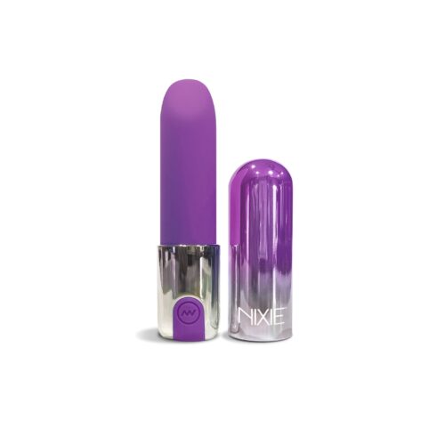 Nixie Lipstick Vibrator Purple Ombre from Global Novelties. Get ready for your next adventure with this petite, discreet, rechargeable lipstick vibrator. The elegant blue ombre metallic case with a removable cap reveals a tapered angle tip and super soft Silicone Bullet Vibrator. This tiny waterproof powerhouse delivers powerful vibrations in a sleek package. One button controls three speeds and seven vibration patterns. Slip it into your purse or pocket and enjoy a pleasant on the go buzz anytime, anywhere. Includes drawstring storage bag and USB charging cord. Showerproof rated IPX5. 3.5 inches in length by . 80 inch in width. Categories: Vibrators, Discreet Vibrators, Eco-Friendly Sex Toys, Rechargeable Vibrators, Sex Toys for Women, Novelty Vibrators. 2024.