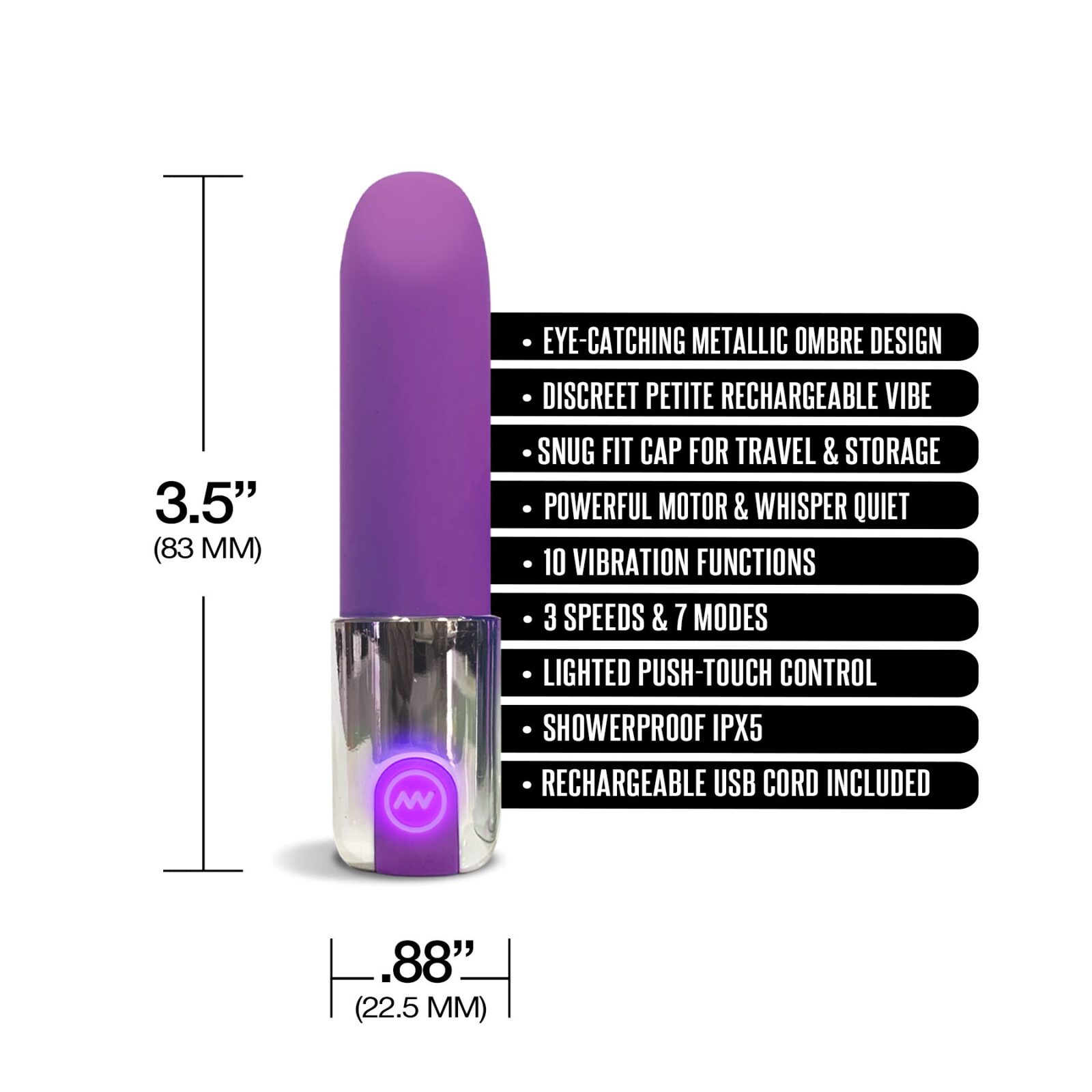 Nixie Lipstick Vibrator Purple Ombre from Global Novelties. Get ready for your next adventure with this petite, discreet, rechargeable lipstick vibrator. The elegant blue ombre metallic case with a removable cap reveals a tapered angle tip and super soft Silicone Bullet Vibrator. This tiny waterproof powerhouse delivers powerful vibrations in a sleek package. One button controls three speeds and seven vibration patterns. Slip it into your purse or pocket and enjoy a pleasant on the go buzz anytime, anywhere. Includes drawstring storage bag and USB charging cord. Showerproof rated IPX5. 3.5 inches in length by . 80 inch in width. Categories: Vibrators, Discreet Vibrators, Eco-Friendly Sex Toys, Rechargeable Vibrators, Sex Toys for Women, Novelty Vibrators. 2024.