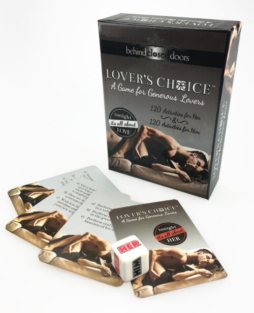 Behind Closed Doors Lover's Choice from Little Genie Productions. A game for generous lovers. Tonight is all about love. 120 activities for her. 120 activities for him. Top seller! A Game for Generous Lovers! You choose how risque you want the sex play to be with this game. With cards for Him and for Her, this game can be played mild or wild! Each card has 3 activities to choose from, game can be played differently each time. Raise your level of erotic love. Contents: 40 him cards with 3 options on each cards, 40 her cards with 3 options on each cards, 1 game die. Categories: Party Games, Gifts, Supplies, X-Rated Adult Games, Books, Adult Games and Music, Adult Party Games. 2023.