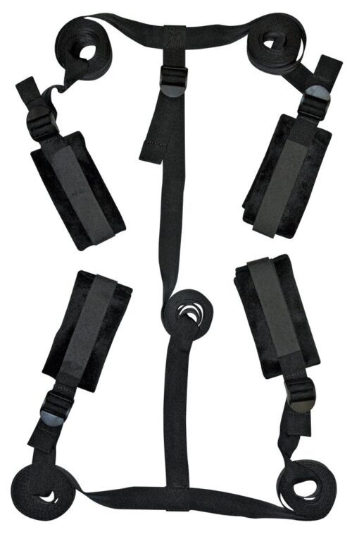 Sex & Mischief Bed Bondage Restraint Kit from Sportsheets contains four cuffs and four tethers, four 60 inches adjustable straps with cuffs and one 60 inches connector strap. Happy Anniversary. It was our anniversary, and while we enjoyed traditional celebrations, we also shared a common love of the less conventional, more stimulating ways of commemorating certain occasions. Since I was the one who thought of it, he was the one who would be bound on our special night. We went to our favorite restaurant, and when we got home, I strapped him in and started kissing and caressing his body until the doorbell rang. I told him I would just be a minute. It was my sister. She popped in to surprise us with a bottle of Champagne. I coyly told her my other half had been suddenly bedridden, but we should not waste the bubbly. Needless to say by the time my sister left, he was more anxious than ever to culminate our romantic evening. Features: make any bed your bondage playground with this easy to install kit. A bedroom bondage kit with cuffs.No bed posts required! Four soft cuffs are attached to 60 inches adjustable straps. Also includes a 60 inches adjustable connector strap for a secure fit. Portable and perfect for travel. Materials Polypropylene webbing, Polyester Velboa fabric, ABS plastic, Velcro. Includes: four 60 inches adjustable straps with cuffs, one 60 inches connector strap. Sportsheets redefines S&M. Slide the straps under the mattress for an instant bondage bedroom. Position under the mattress. Position the straps around the head and foot of the matress. Sets up in minutes. Fits any size mattress. Categories: BDSM for Beginners, Beginner Restraints, Best Sellers, Bondage, Bondage Kits, Bondage Kits, Disability, Restraints, Sex & Mischief, S&M, Sexual Positioning, Sexual-Positioning Disability, Under $50. Limited Lifetime Warranty, Sportsheets will replace any defective product. If the product is not available, Sportsheets will replace it with a similar product of similar function. Video. 2022.