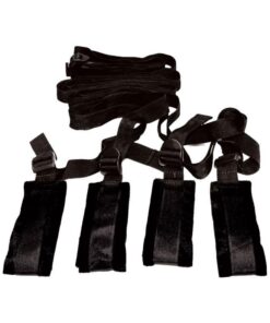 Sex & Mischief Bed Bondage Restraint Kit from Sportsheets contains four cuffs and four tethers, four 60 inches adjustable straps with cuffs and one 60 inches connector strap. Happy Anniversary. It was our anniversary, and while we enjoyed traditional celebrations, we also shared a common love of the less conventional, more stimulating ways of commemorating certain occasions. Since I was the one who thought of it, he was the one who would be bound on our special night. We went to our favorite restaurant, and when we got home, I strapped him in and started kissing and caressing his body until the doorbell rang. I told him I would just be a minute. It was my sister. She popped in to surprise us with a bottle of Champagne. I coyly told her my other half had been suddenly bedridden, but we should not waste the bubbly. Needless to say by the time my sister left, he was more anxious than ever to culminate our romantic evening. Features: make any bed your bondage playground with this easy to install kit. A bedroom bondage kit with cuffs.No bed posts required! Four soft cuffs are attached to 60 inches adjustable straps. Also includes a 60 inches adjustable connector strap for a secure fit. Portable and perfect for travel. Materials Polypropylene webbing, Polyester Velboa fabric, ABS plastic, Velcro. Includes: four 60 inches adjustable straps with cuffs, one 60 inches connector strap. Sportsheets redefines S&M. Slide the straps under the mattress for an instant bondage bedroom. Position under the mattress. Position the straps around the head and foot of the matress. Sets up in minutes. Fits any size mattress. Categories: BDSM for Beginners, Beginner Restraints, Best Sellers, Bondage, Bondage Kits, Bondage Kits, Disability, Restraints, Sex & Mischief, S&M, Sexual Positioning, Sexual-Positioning Disability, Under $50. Limited Lifetime Warranty, Sportsheets will replace any defective product. If the product is not available, Sportsheets will replace it with a similar product of similar function. Video. 2022.