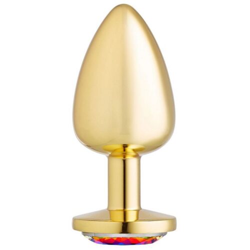 Cloud 9 Gems Gold Anal Plug Large. Anal Jewelry decorated with a stunning rainbow multicolor gem. Gold Chromed wearable stainless steel plug featuring a jeweled beauty for your booty. Cloud 9 Jeweled Gems Features a delicate tapered tip. Perfect for beginner use. The tapered tip makes it easy to insert, and the flared base keeps it place and allows for easy retrieval. The sparkling jewel makes playtime fun. This Cloud 9 Jeweled Anal Plug is excellent for temperature play when you prepare it in hot or cold water. This Cloud 9 Gem anal plug is both visually stunning and ideal for stimulating anal play. Compatible with both silicone and water based lubricants. Clean with mild soap and warm water after use. Easy to clean. Top rack dishwasher safe. Hypoallergenic, nonporous, odorless, and body safe. Tapered for intense pleasure great for beginners. Smooth, solid stainless steel in design, jewel adornment. Materials Chrome Plated Stainless Steel butt plug, Acrylic Gem. Great for temperature play. Anal Jewelry decorated with a stunning rainbow multicolor gem. Weight .36 pound. Height 3.75 inches, diameter 1.65 inches. Video. Categories: Anal Toys, Sex Toys for Couples, Large Butt Plugs. Amazon Restricted. 2023.