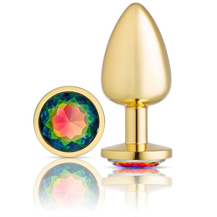 Cloud 9 Gems Gold Anal Plug Large. Anal Jewelry decorated with a stunning rainbow multicolor gem. Gold Chromed wearable stainless steel plug featuring a jeweled beauty for your booty. Cloud 9 Jeweled Gems Features a delicate tapered tip. Perfect for beginner use. The tapered tip makes it easy to insert, and the flared base keeps it place and allows for easy retrieval. The sparkling jewel makes playtime fun. This Cloud 9 Jeweled Anal Plug is excellent for temperature play when you prepare it in hot or cold water. This Cloud 9 Gem anal plug is both visually stunning and ideal for stimulating anal play. Compatible with both silicone and water based lubricants. Clean with mild soap and warm water after use. Easy to clean. Top rack dishwasher safe. Hypoallergenic, nonporous, odorless, and body safe. Tapered for intense pleasure great for beginners. Smooth, solid stainless steel in design, jewel adornment. Materials Chrome Plated Stainless Steel butt plug, Acrylic Gem. Great for temperature play. Anal Jewelry decorated with a stunning rainbow multicolor gem. Weight .36 pound. Height 3.75 inches, diameter 1.65 inches. Video. Categories: Anal Toys, Sex Toys for Couples, Large Butt Plugs. Amazon Restricted. 2023.