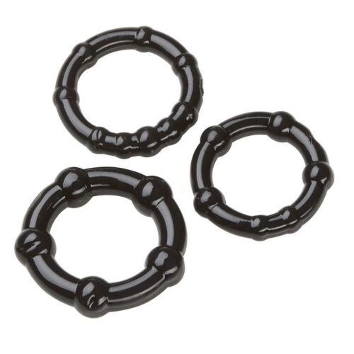 Cloud 9 Novelties Super Stretch Beaded Stay Hard Ring Combo Pack Black includes three sizes of super soft skin safe rings. These ring can help you stay harder longer and prolong ejaculation. Cloud 9 cock rings are made of phthalate free, non-toxic thermoplastic rubber TPR. The smallest ring is for maximum erections; the medium ring is for harder erections; the large ring can encircle the upper part of your scrotum to help prevent premature ejaculation. The rings are comfortable and made specifically for your safety and hygiene during your intimate play. Cloud 9 cock rings can be used individually or together. Cock rings give you a longer lasting erection by trapping the blood supply in the penis and intensifying your orgasm! Cock rings are ideal for men suffering from erectile dysfunction ED and premature ejaculation. Always use a water based personal lubricant with this product for maximum pleasure. Do not wear a cock ring for more than 30 minutes at a time. Cock Ring specifications small ring .75 inch, medium ring .85 inch, large ring .9 inch. Packaged weight 0.04 pound. Phthalate free, body safe, Thermoplastic Rubber TPR. Manufactured for Cloud 9 Novelties. Categories: Love Rings, Couple's Cock Rings, Love Rings. Made in China. Restricted, Amazon Restricted. 2023.