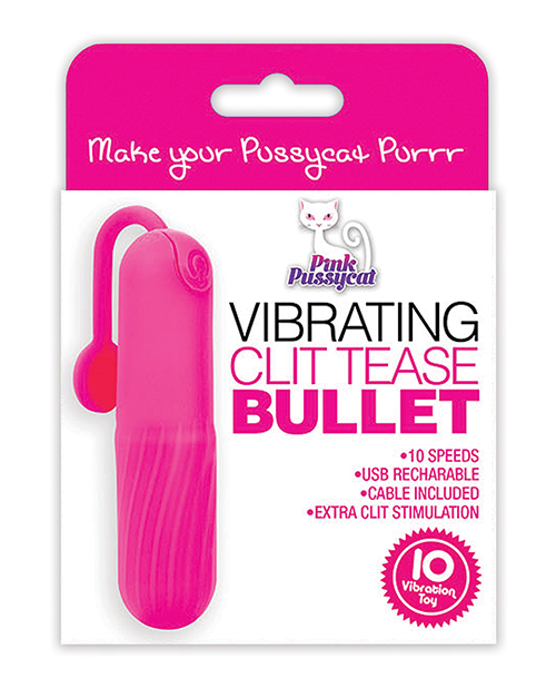 Pink Pussycat Clit Teaser Bullet Vibrator from the Cousins Group. Make your pussycat purr. Pink Pussycat Vibrating Clit Tease Bullet. 10 Speeds. USB rechargeable, cable included. Charge time approximately 45 minutes. One button. Easy control. Extra clitoris stimulation. Material: Silicone. ABS Plastic. Water resistant. Size .83 inch diameter, 3.38 inches in height. Vibrating Pink Bullet Vibe. 10 speeds. USB Rechargeable. USB cord included. Categories: Vibrators, Clitoral Vibrators, Rechargeable Vibrators, Sex Toys for Women. 2024.