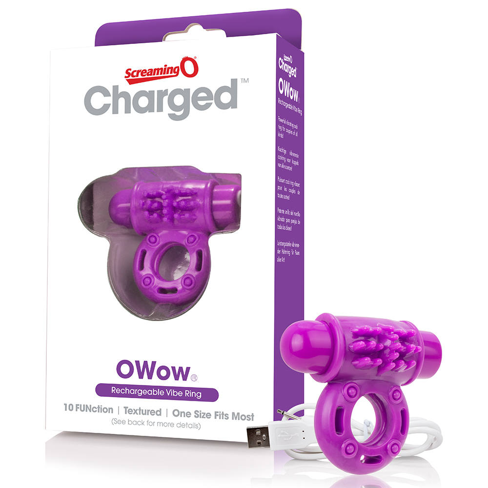 The Screaming O Charged O Wow Vibe Ring delivers deep rumbling vibrations, 10 vibration modes, waterproof construction, and a soft stretchy fit designed for couples. Screaming O Charged O Wow rechargeable vibrating ring purple