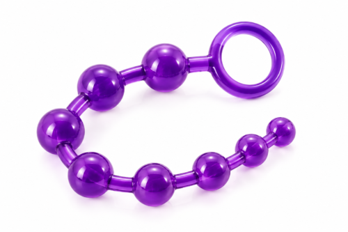 Stimulating anal beads with flexible bead chain and retrieval ring