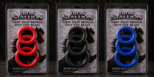 Iron Stallion triple silicone ring set in red blue and black