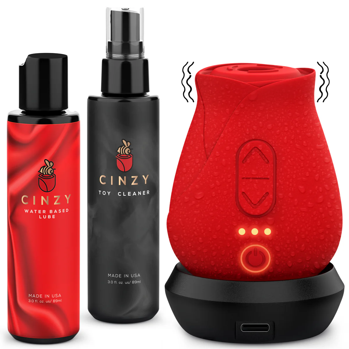 The Cinzy Rose Complete Bundle includes the patented Rose Toy, water-based lubricant, antibacterial cleaner, and premium packaging for a complete self-care experience. Cinzy Rose Complete Bundle with rose toy lubricant and cleaner